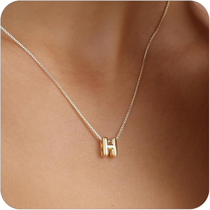 Bubble Gold Letter Necklace for Women, 14k Gold Plated Balloon Initial Necklace, Dainty Gold Neck... | Amazon (US)