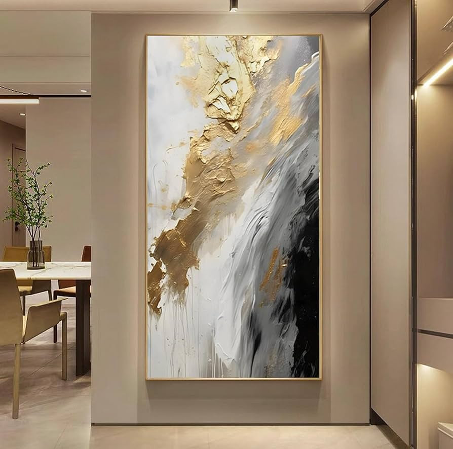 Hand-Painted Gold Abstract Oil Painting on Canvas for Entrance-Hall, Framed White and Black Wall ... | Amazon (US)
