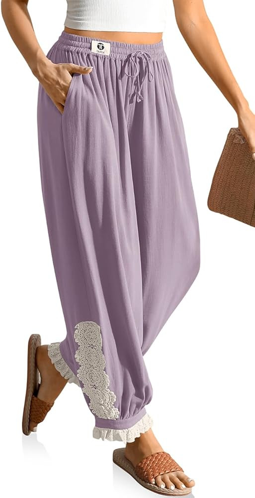 TARSE Women’s Linen Harem Pants Boho Loose with Lace Trim Casual Vintage Lantern Summer Travel ... | Amazon (US)