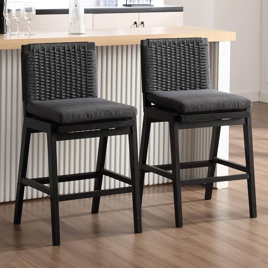 LukeAlon Woven Linen Counter Stools Set of 2, 27.25" Seat Height Low Bar Stools with Solid Wood L... | Amazon (US)