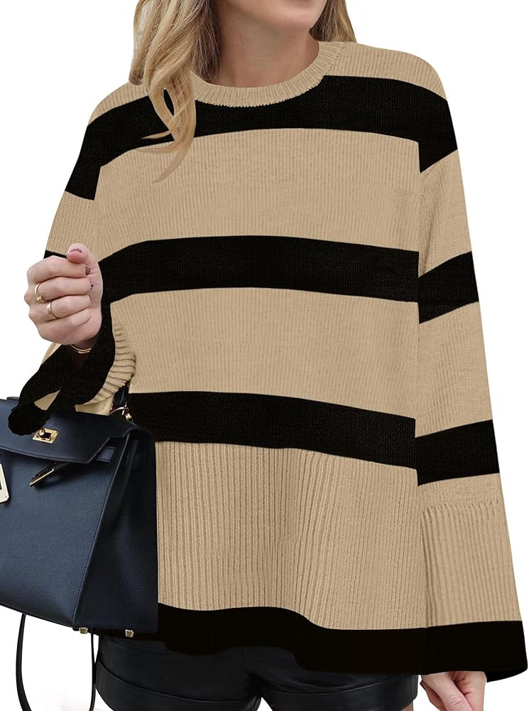 ZESICA Women's 2024 Fall Winter Striped Sweaters Long Sleeve Crew Neck Ribbed Knit Side Slit Over... | Amazon (US)