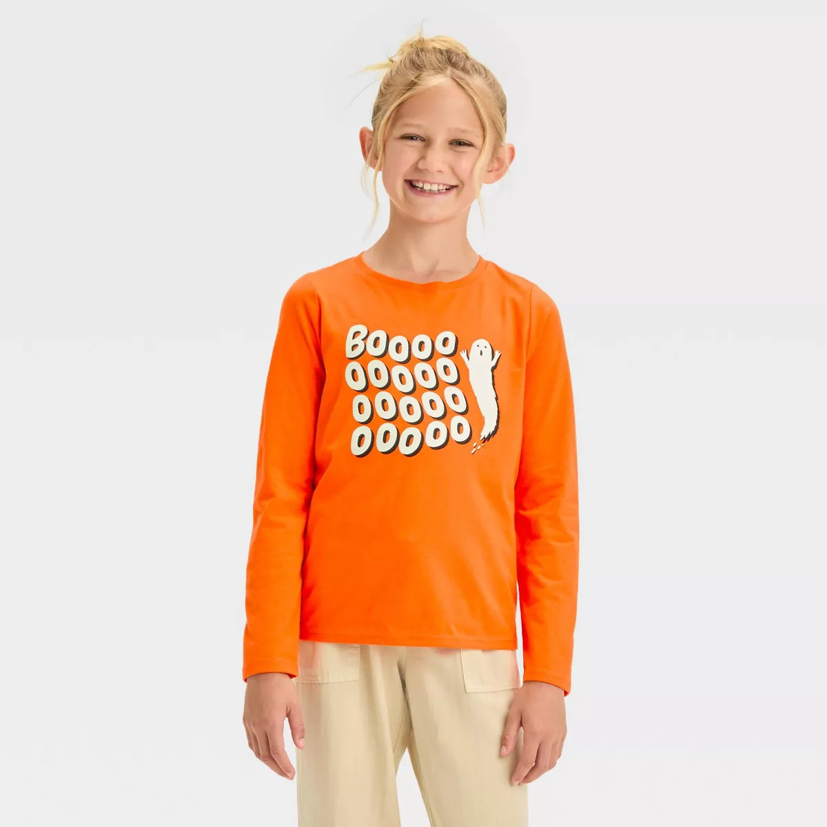 Girls' Long Sleeve Halloween 'BOOOOO' Graphic T-Shirt - Cat & Jack™ Orange | Target