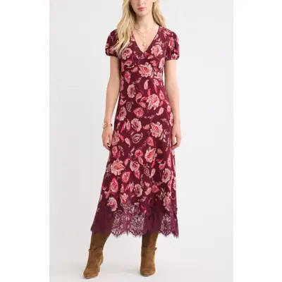 Treasure & Bond Lace Trim Bias Cut Midi Dress in Black- Blue Multi Dot at Nordstrom, Size X-Small | Nordstrom