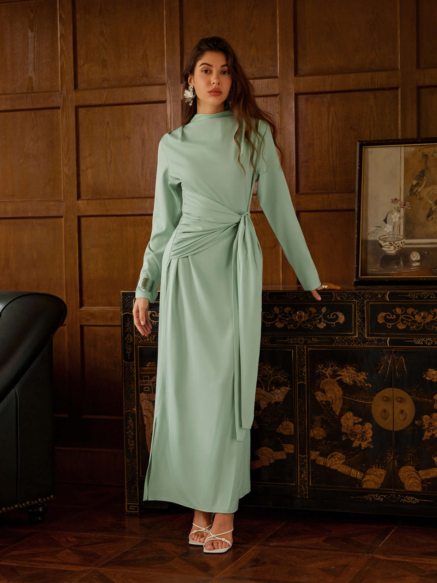 Satin Stand Collar Ruched Draped Maxi Dress | Cider