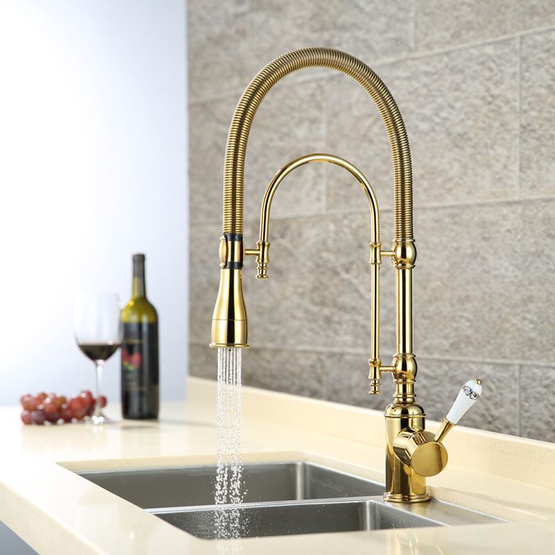 High Arc Dual-Mode Pull-Down Kitchen Faucet Solid Brass with Porcelain Handle-Homary | Homary