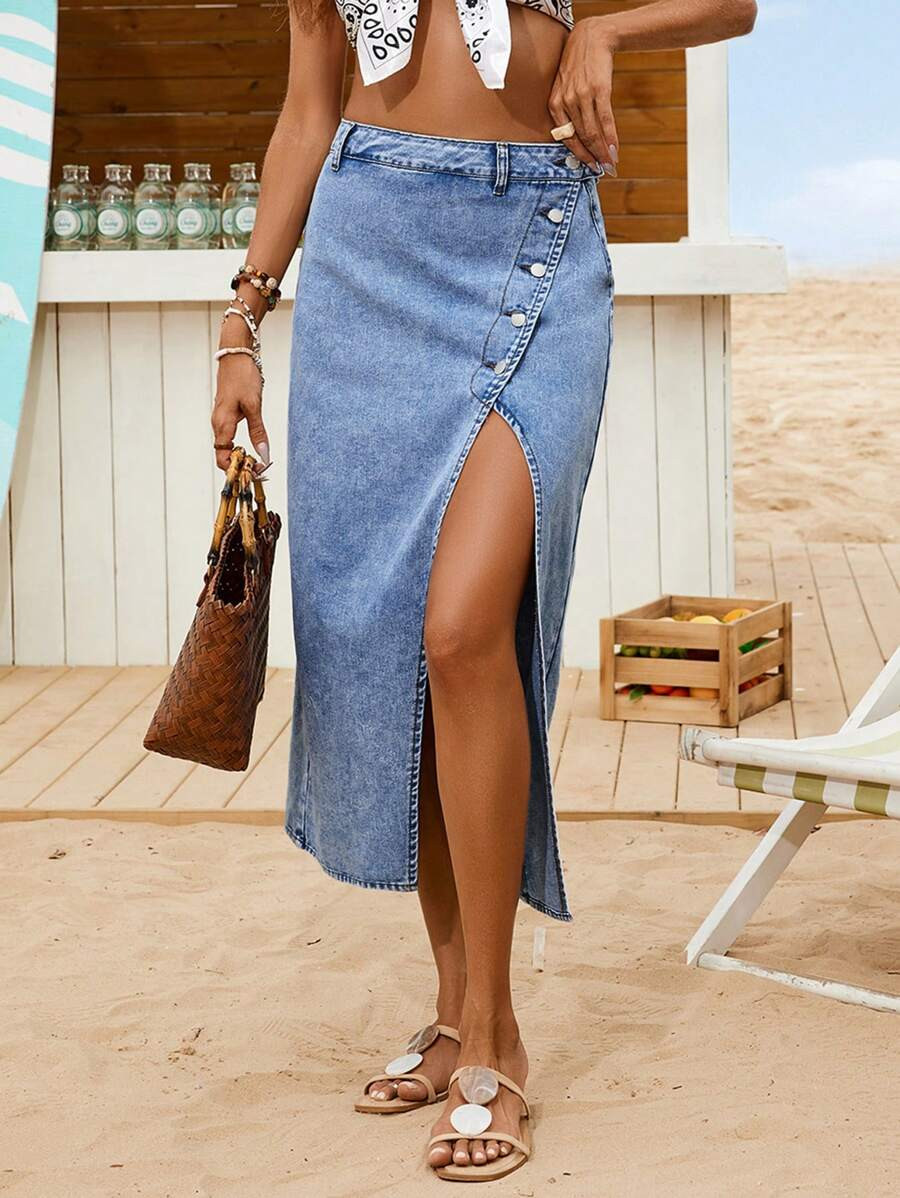 EMERY ROSE Women Front Button Split Denim A-Line Skirt, Casual/Holiday | SHEIN