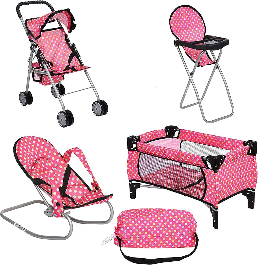 fash n kolor 4 Piece Doll Play Set, Includes - 1 Pack N Play. 2 Doll Stroller 3.Doll High Chair. ... | Amazon (US)