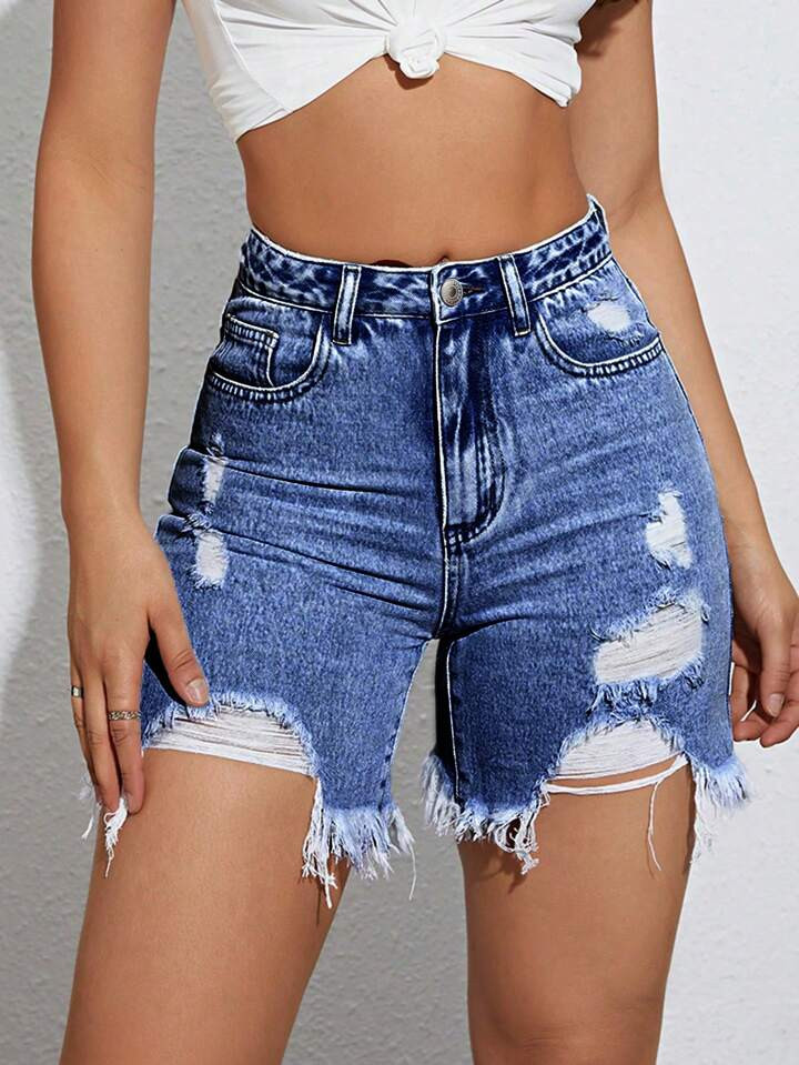 SHEIN EZwear Ripped Raw Hem Denim Shorts | SHEIN