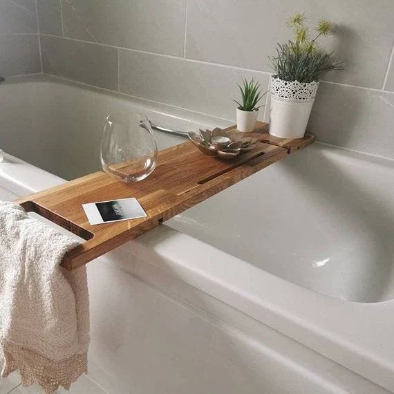 Oak Bath Caddy, Bath Tray with Wine glass, Towel and Phone holders, Wood Bath Decor | Etsy (US)