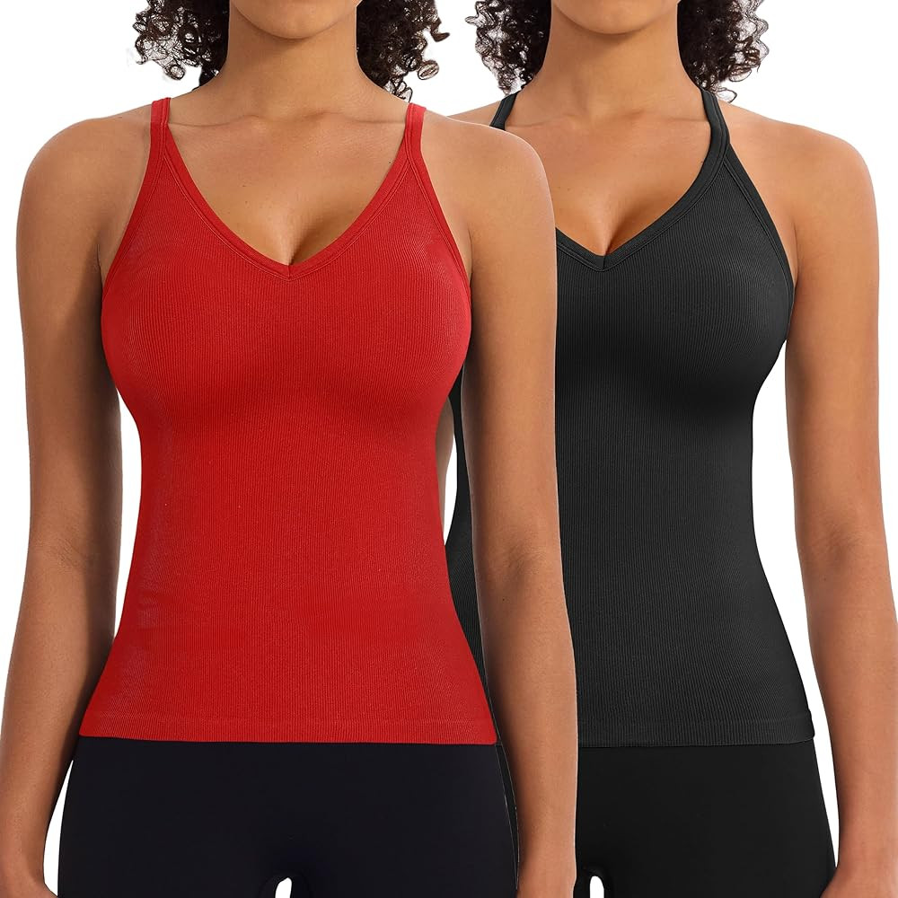 2 Pack Workout Tank Tops with Built in Bra for Women V Neck Seamless Ribbed T-Back Tank & Adjusta... | Amazon (US)