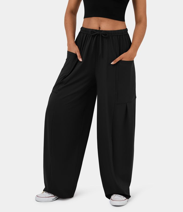 Mid Rise Elastic Waistband Drawstring Side Pocket Palazzo Flowy Wide Leg Casual Pants | HALARA