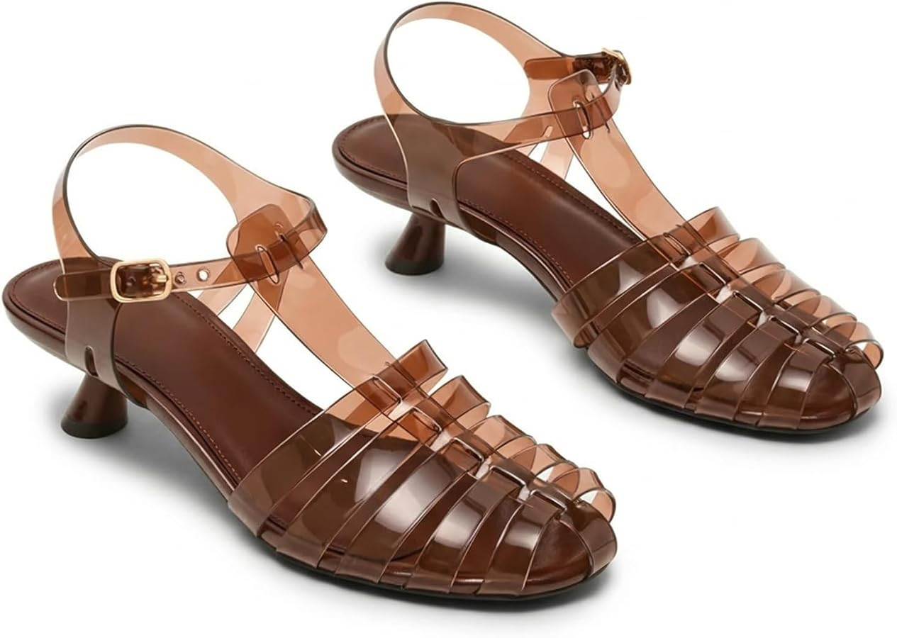 Fisherman T-Strap Jelly Sandals For Women Slingback Buckle Strap Kitten Heels Summer Open Toe Bea... | Amazon (US)