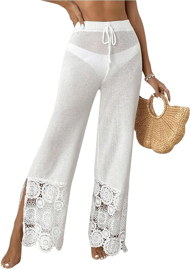 Verdusa Women's Contrast Lace Crochet Sheer Swim Coverups Paisley High Rise Split Pants | Amazon (US)