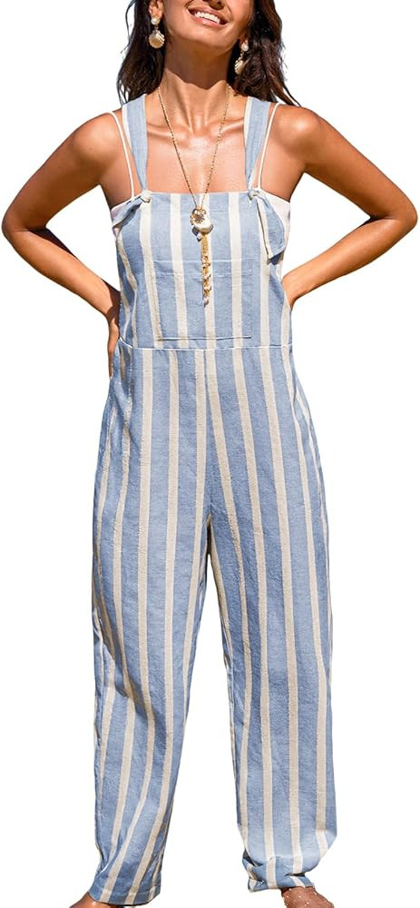 CUPSHE Women's Jumpsuit Striped Sleeveless Square Neck One Piece Casual Romper Summer Beach Travels Outfits Vacation Blue | Amazon (US)