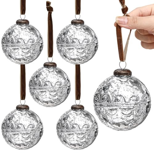 Threan 6 Pcs Silver Mercury Glass Christmas Ornaments, Etched Ball Decor | Amazon (US)