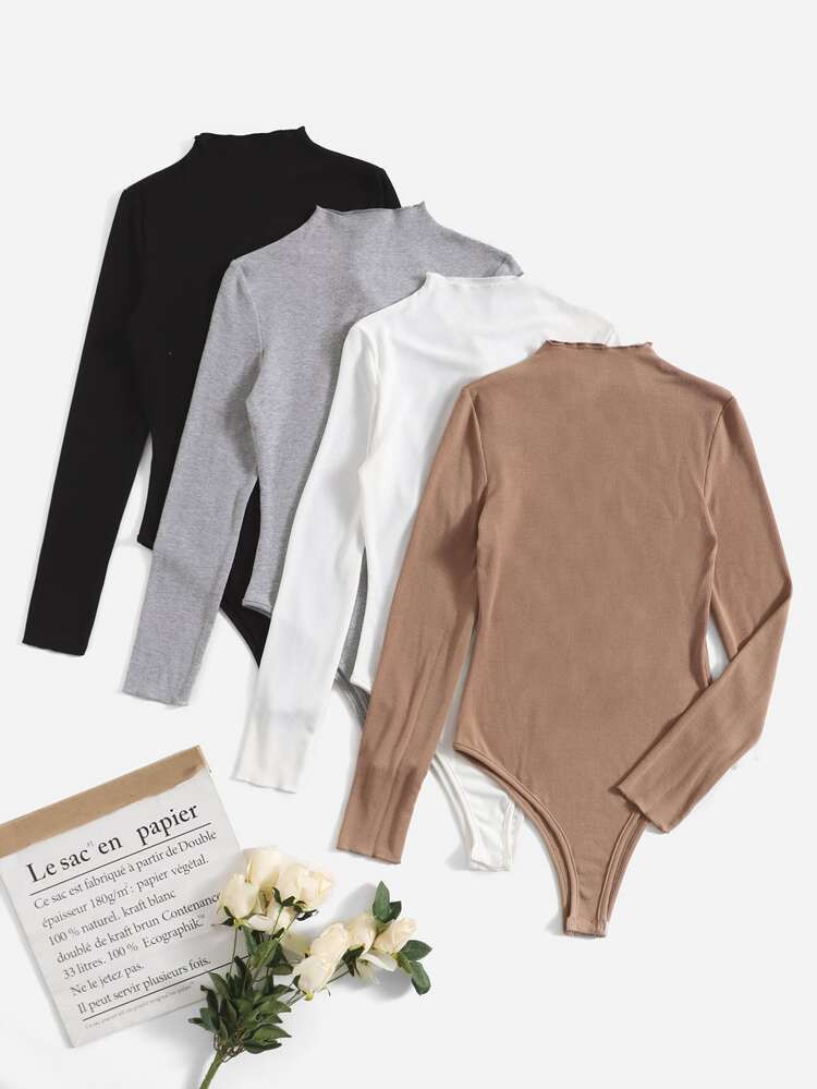 4pcs Solid Ribbed Knit Bodysuit | SHEIN