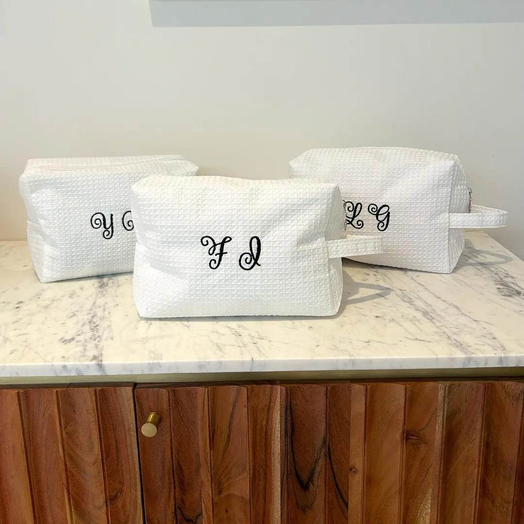 Monogram Curly Font Quilted Cosmetic Bag, Bridal Shower Gift, Embroidered Makeup Case, Gifting Id... | Etsy (US)