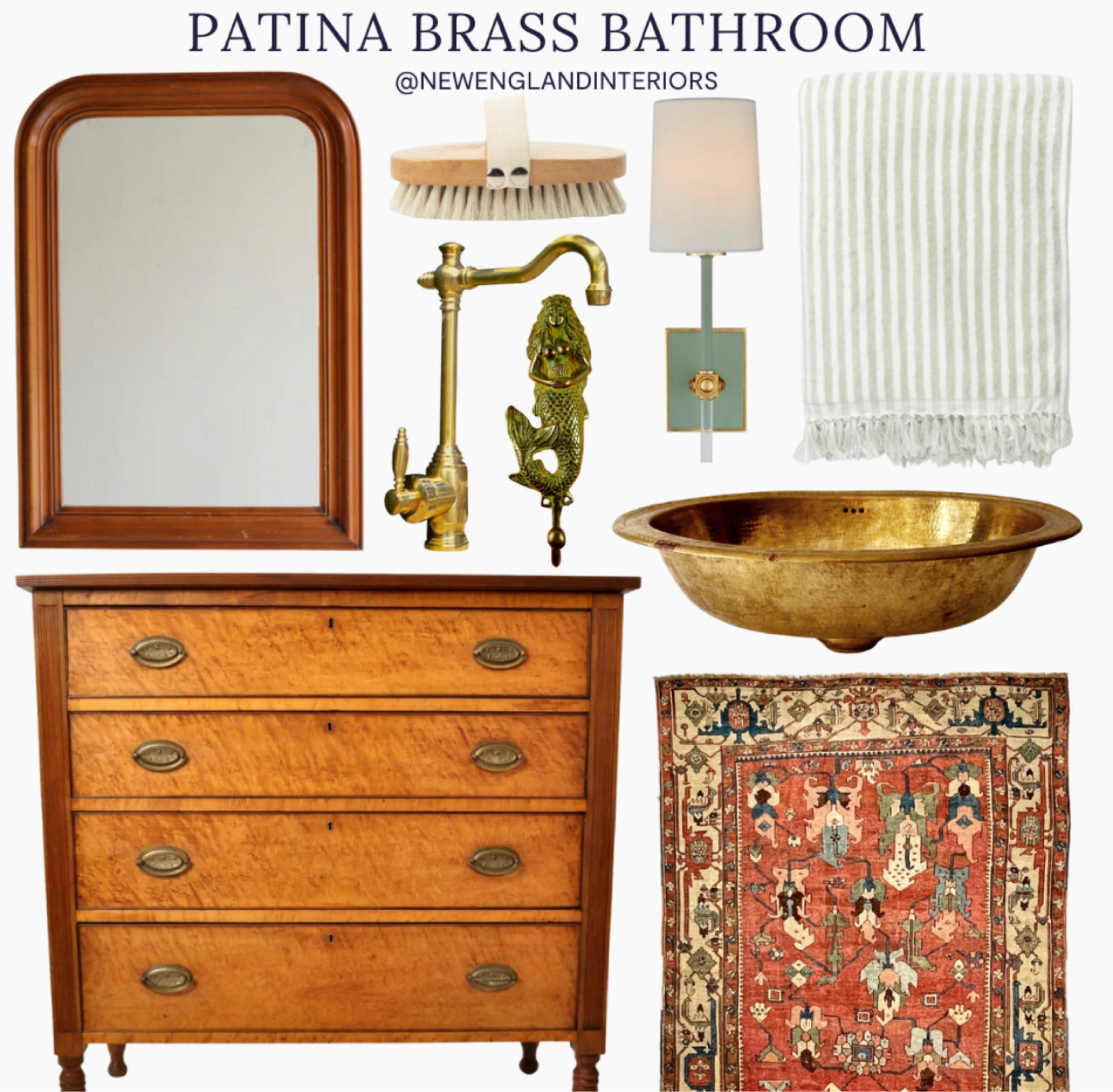 New England Interiors • Patina Brass Bathroom • Mirror, Lighting, Rug, Faucet, Sink, Mermaid Hook, Towel, Commode, Bath Decor & Accessories. 🫧🌼

TO SHOP: Click on the link in bio or copy and paste link in web browser 

#newengland #bathroom #bathroomreno #home #homeinspo #brass #mermaid