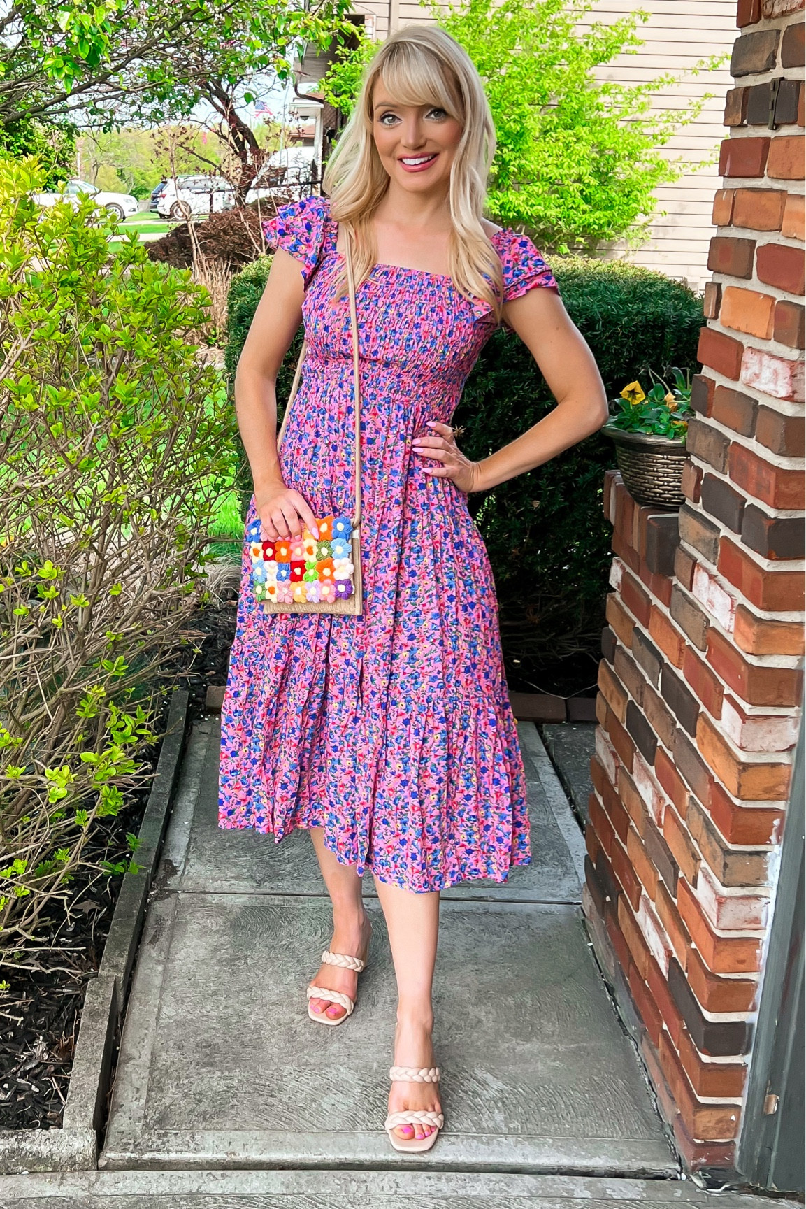 Pink smocked back cut out summer dress with a $5 clickable coupon from Amazon Fashion - crochet summer handbag - braided strap heels - summer outfit - summer dresses - Amazon finds - Amazon deals - summer style 

#LTKSeasonal #LTKsalealert #LTKunder50
