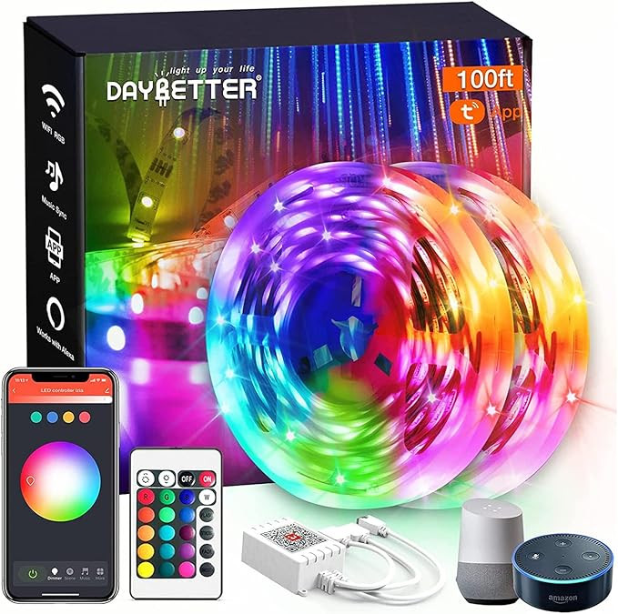 DAYBETTER Smart WiFi Led Lights 100ft, Tuya App Controlled Led Strip Lights, Work with Alexa and ... | Amazon (US)