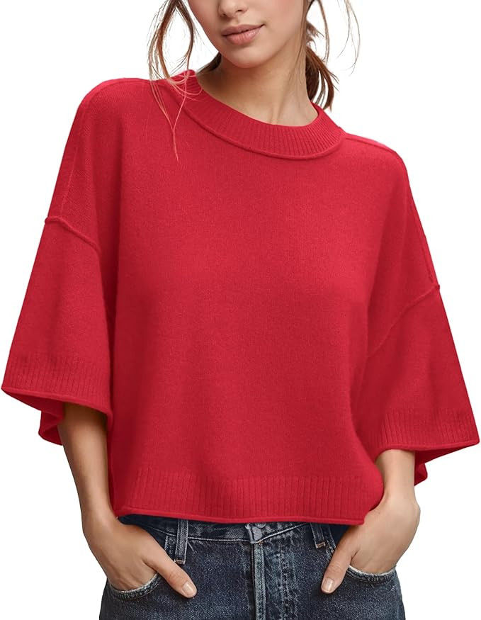 ZDC Women's Oversized Sweaters Summer 3/4 Sleeve Casual Cropped Tops Lightweight Loose Fit Knit P... | Amazon (US)