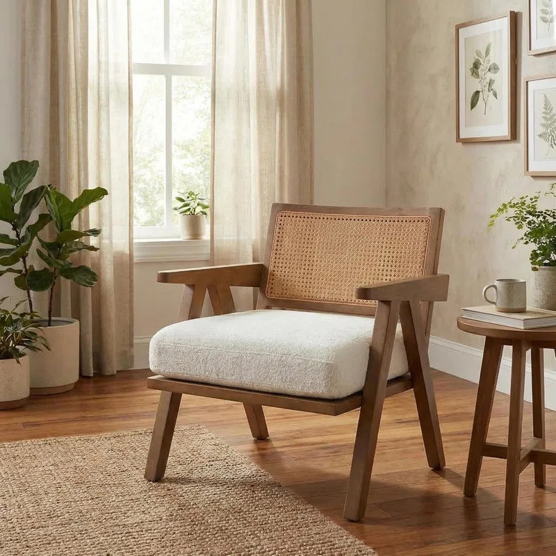 2pcs Mid-Century Modern Accent Chair with Rattan Details, Fabric Upholstered Lounge Armchair, Woo... | Wayfair North America