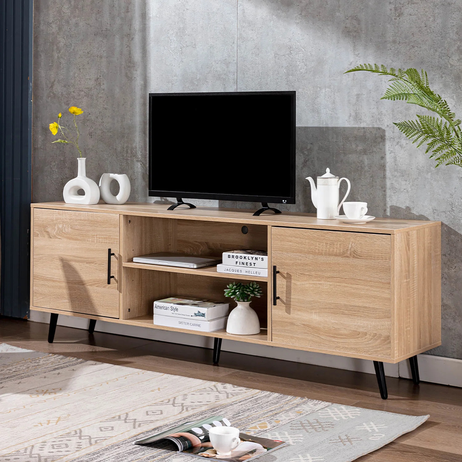 Mid Century Modern TV Stand - 70" for 75" TV, Wood with Storage, Entertainment Center for Living ... | Wayfair North America