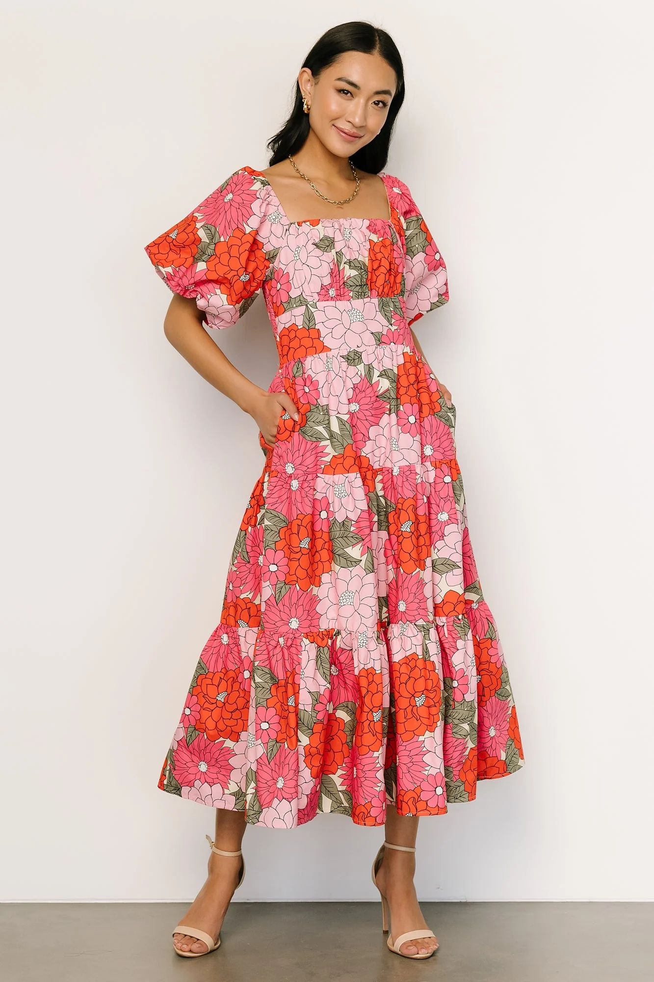 Kalena Midi Dress | Coral + Pink Floral | Baltic Born