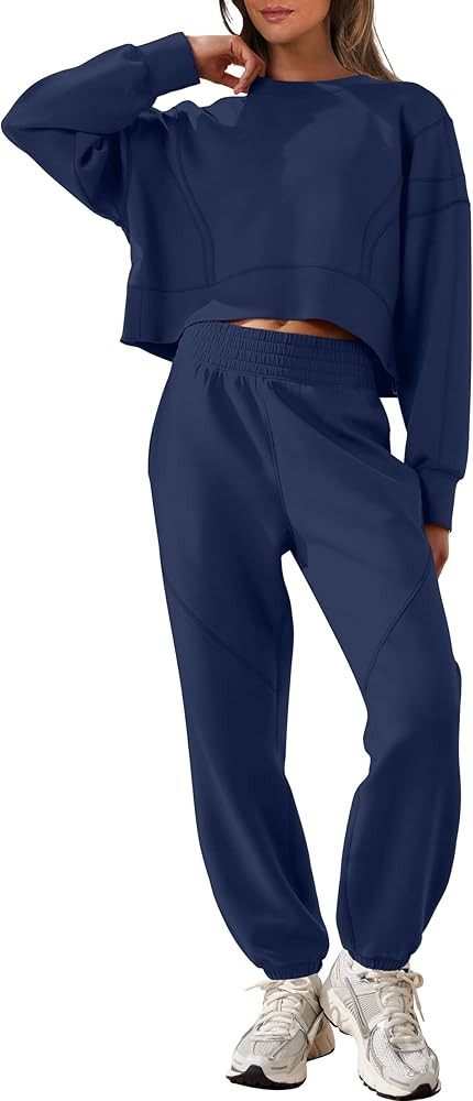 ANRABESS Womens 2 Piece Outfits Lounge Sets Cropped Sweatshirt & Joggers Fashion Sweatsuit Sweat ... | Amazon (US)