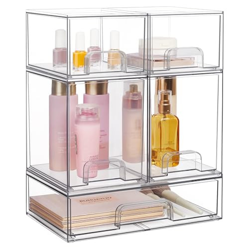 Vtopmart Stackable Storage Drawers Set of 5, 12" Wide and 4.4''&7.6'' High Clear Plastic Organizer Bins for Beauty Supplies,Ideal for Vanity, Bathroom,Cabinet,Pantry Organization | Amazon (US)
