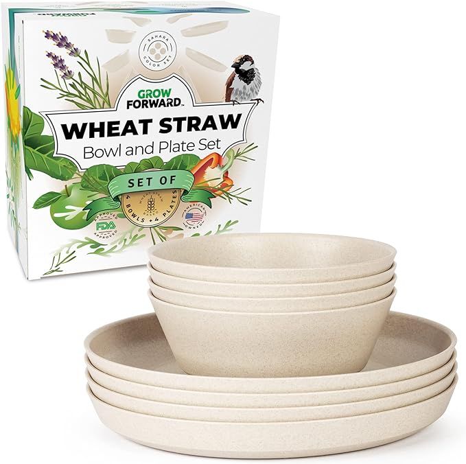 Grow Forward Premium Wheat Straw Dinnerware Sets - 8 Piece Unbreakable Microwave Safe Dishes - Re... | Amazon (US)