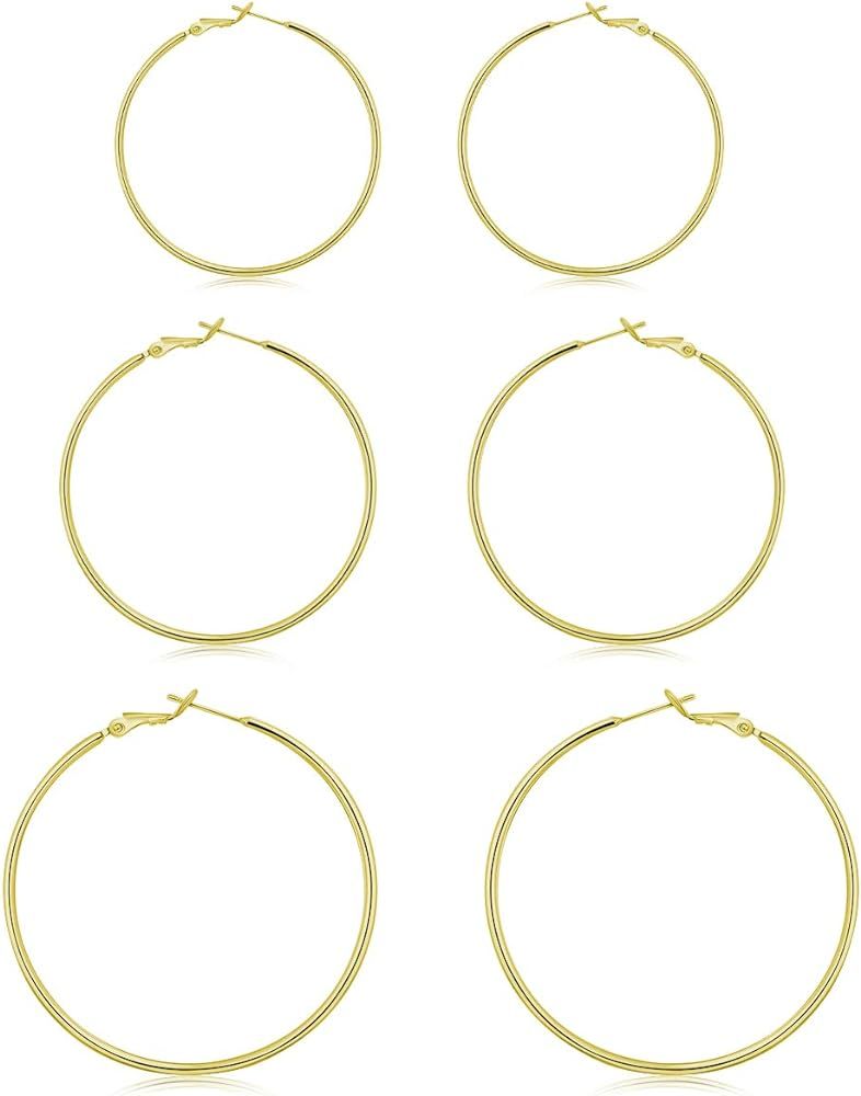 3 Pairs Sterling Silver Hoop Earrings - 14k White Gold Plated Hoop Earrings Big Hoop Earrings Set... | Amazon (US)