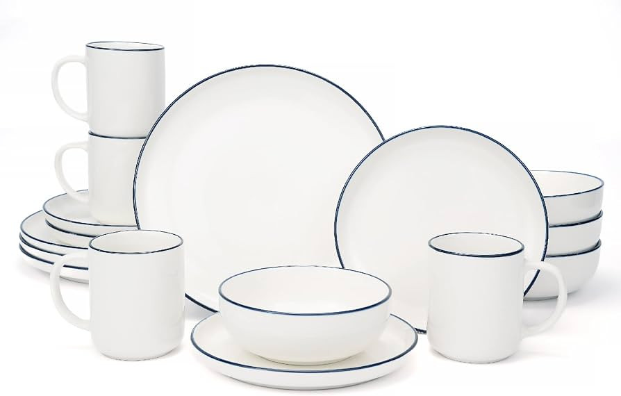 OTAGO 16-Piece Dinnerware Set for 4 with 4 Mugs, White with blue rim Stoneware Plates and Bowls S... | Amazon (US)