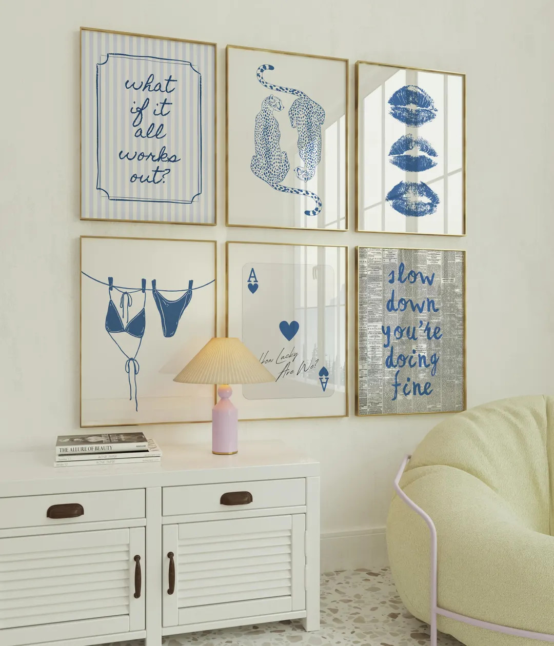 Trendy Print Set of 6 Navy Wall Art Set Blue Art Print Bedroom Digital Prints Preppy Aesthetic Do... | Etsy (US)