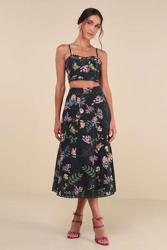 Sweet At Heart Black Floral Embroidered Two-Piece Midi Dress | Lulus