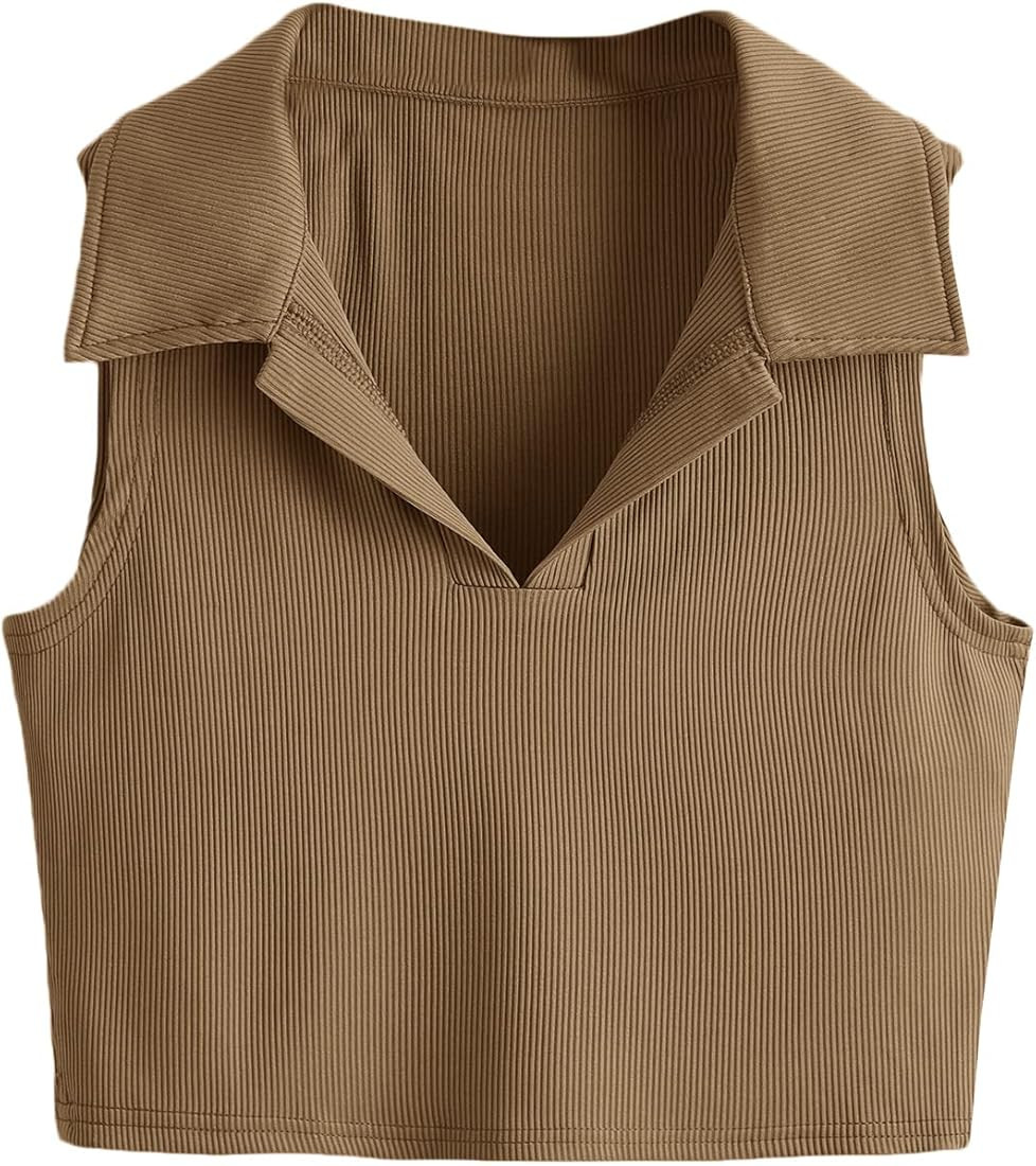 SheIn Women's Collar Polo Crop Top Tank Sleeveless Ribbed Knit V Neck Cami Top | Amazon (US)