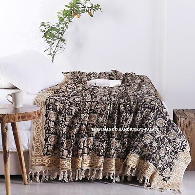 Indian Hand Block Print King Size Blanket Floral Beige & Black Cotton Sofa Throw | eBay US