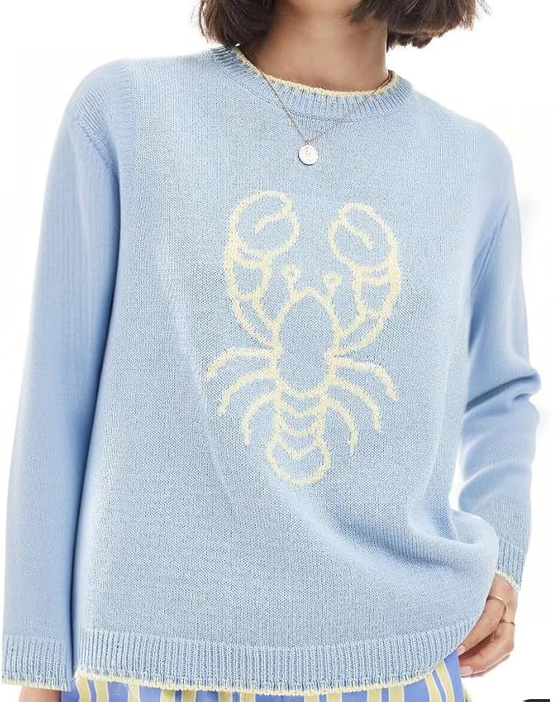 Giraropa Women Contrast Sweater Lobster/Crab/Carp Knit Sweaters Long Sleeve Crew Neck Loose Pullo... | Amazon (US)