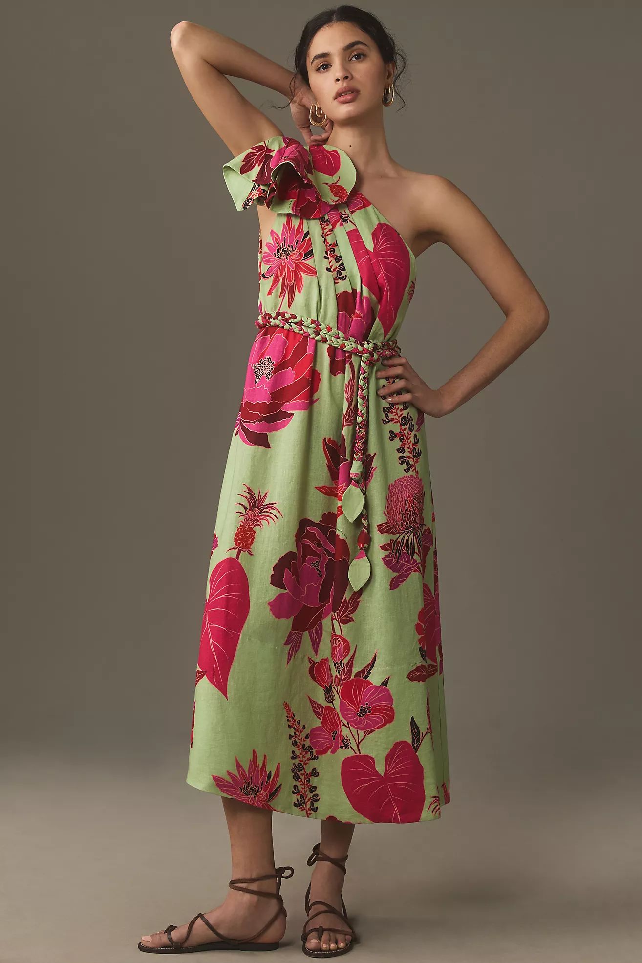 Farm Rio Fresh Garden One-Shoulder Linen Maxi Dress | Anthropologie (US)