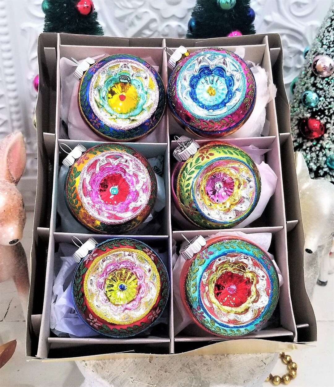 6 Shiny Brite Indent Reflector Round Flower Christmas Ornaments - Christopher Radko NIB | Etsy (US)