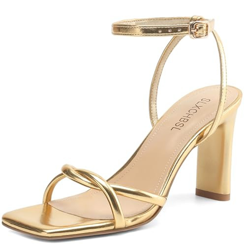 SLXCHBSL Womens Sandals Square Open Toe Strappy Heels for Women Dressy Chunky High Heels Ankle Buckle Heeled Sandals for Women Comfort Wedding Prom Party Shoes Gold 9.5 | Amazon (US)