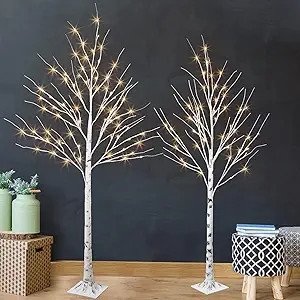 PEIDUO Set of 2 Lighted Birch Tree, Prelit White Christmas Tree, Light Up Artificial Trees with D... | Amazon (US)