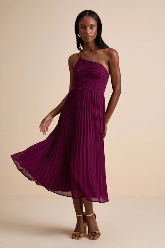 Wondrous Muse Plum Pleated One-Shoulder Midi Dress | Lulus