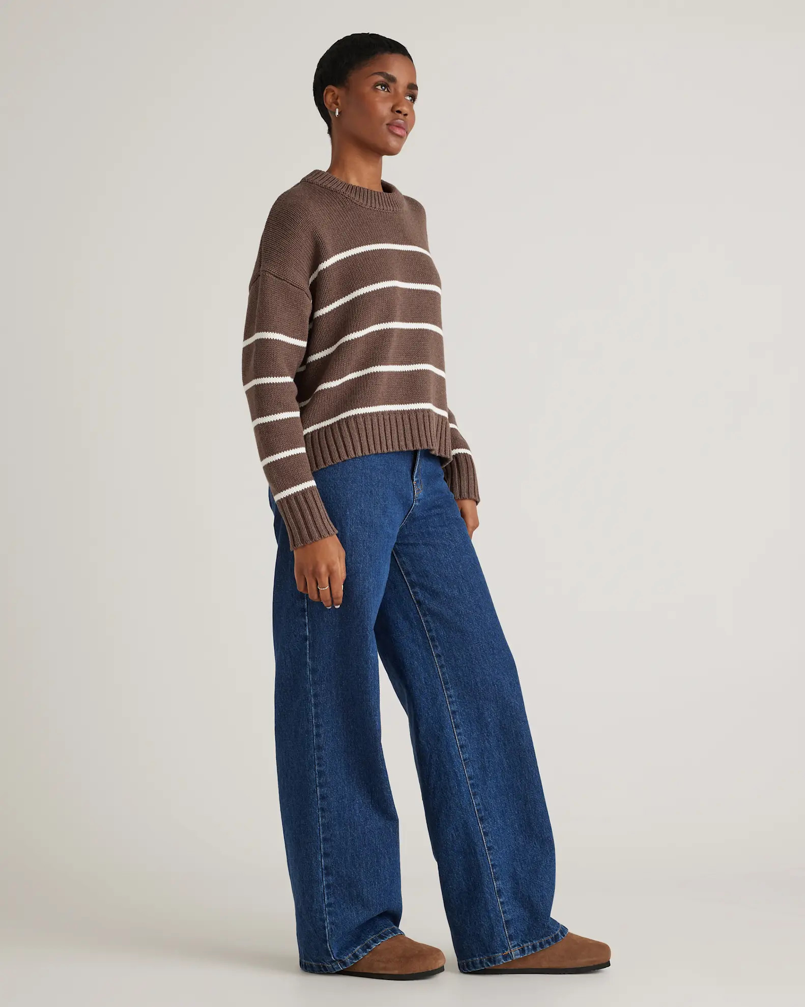100% Organic Cotton Striped Crew Sweater in Heather Brown/Ivory | Quince