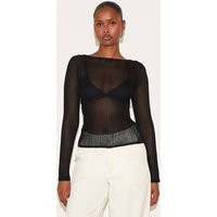 Black Sheer Knit Long Sleeve Boat Neck Top | PrettyLittleThing UK