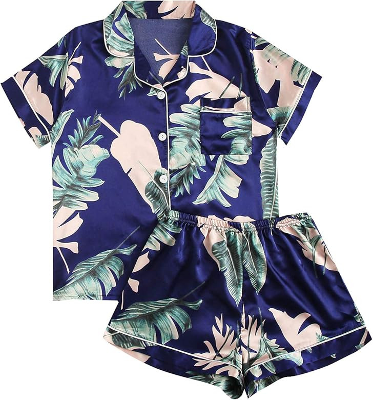 Women's Notch Collar Palm Leaf Print Sleepwear Two Piece Pajama Set | Amazon (US)