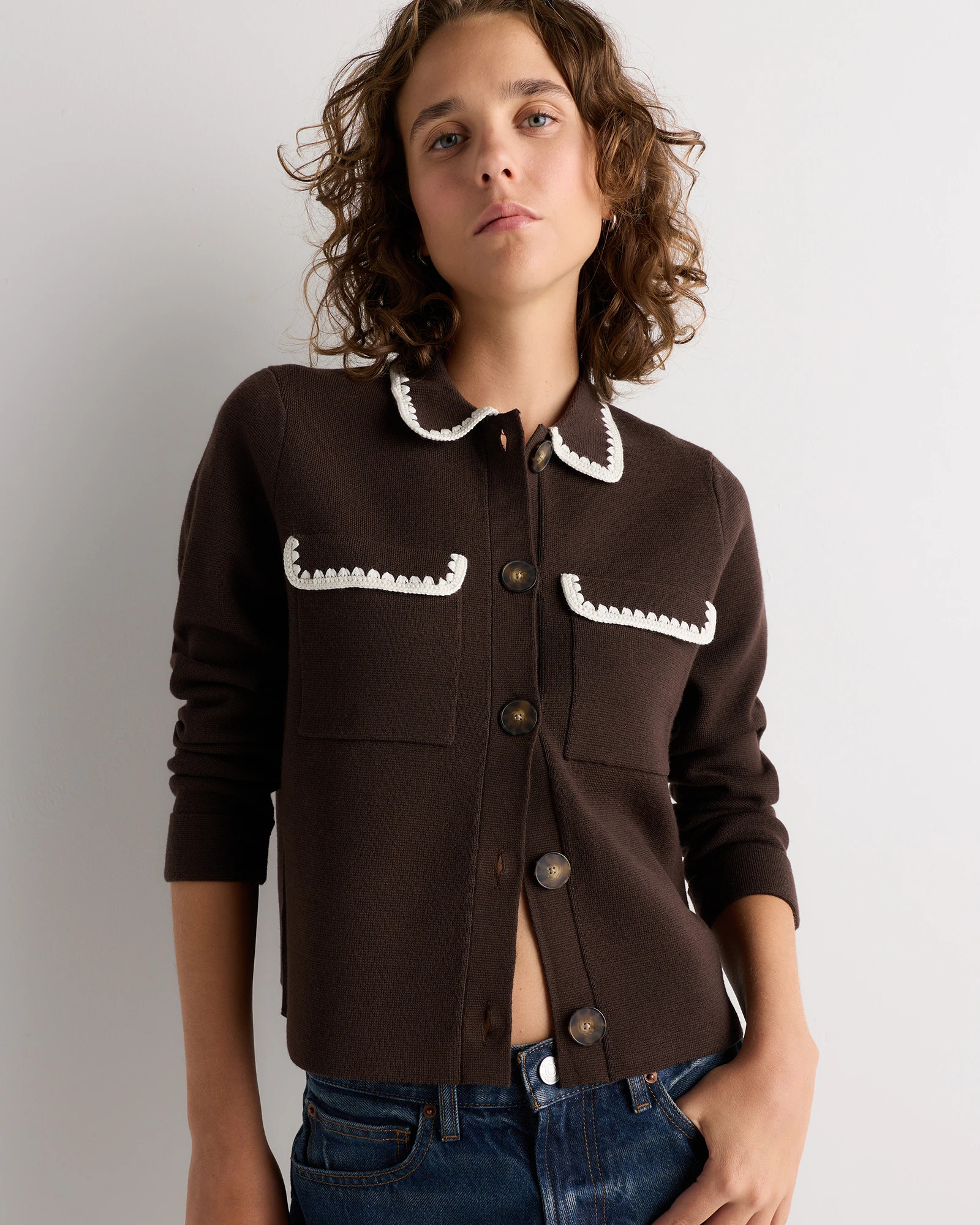 Quince | Women's Australian Merino Wool Crochet Trim Sweater Jacket in Heather Grey, Size Large | Quince
