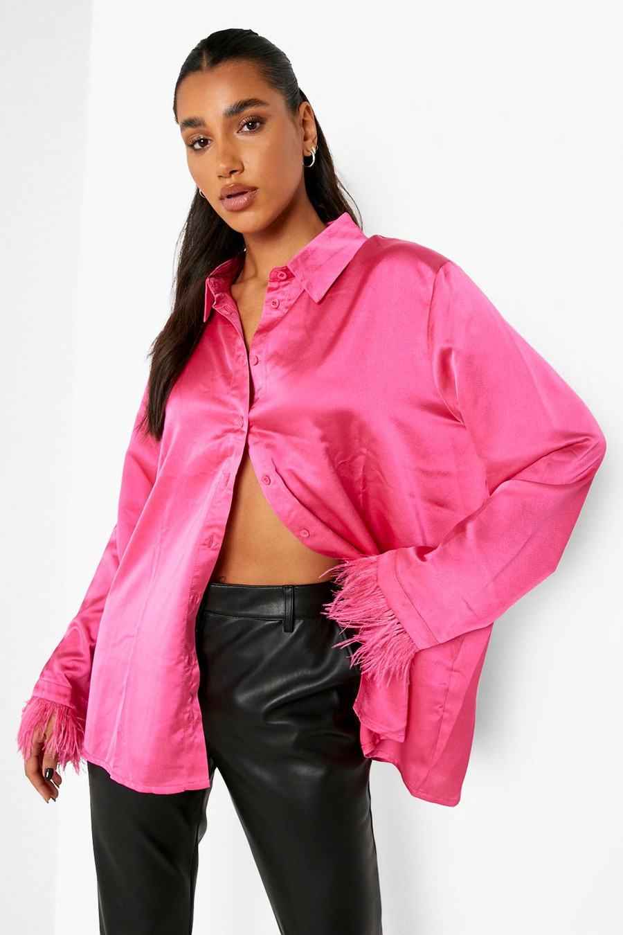 Feather Cuff Satin Shirt | Boohoo.com (US & CA)