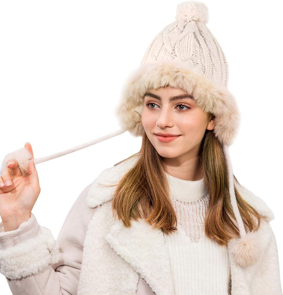 DOCILA Winter Beanie Hat for Women Warm Fleece Lined Ear Flaps Knit Hat Cute Pom Cover Ears Outdoor  | Amazon (US)