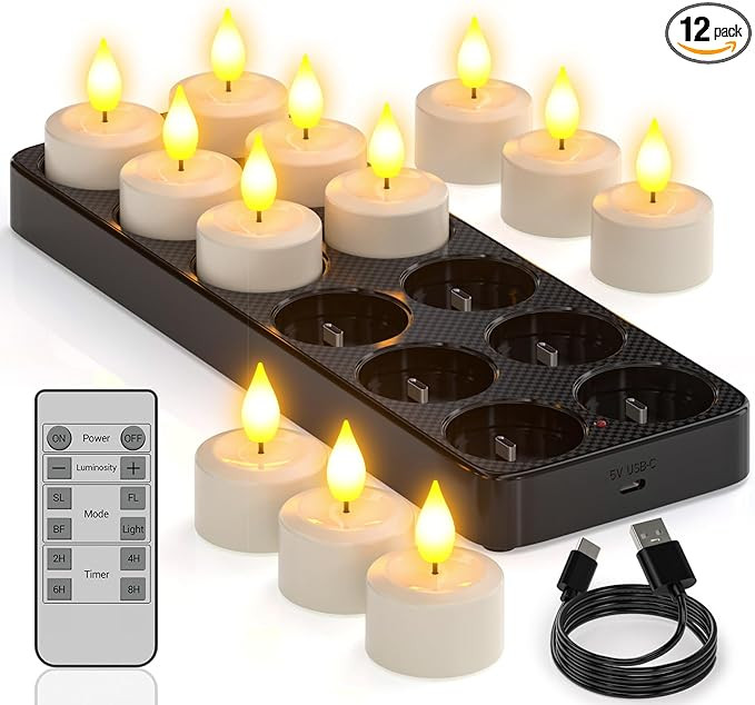Yme Rechargeable Tea Lights Candles with Charger Storage Base, 12 Pack Battery Operated LED Flame... | Amazon (US)